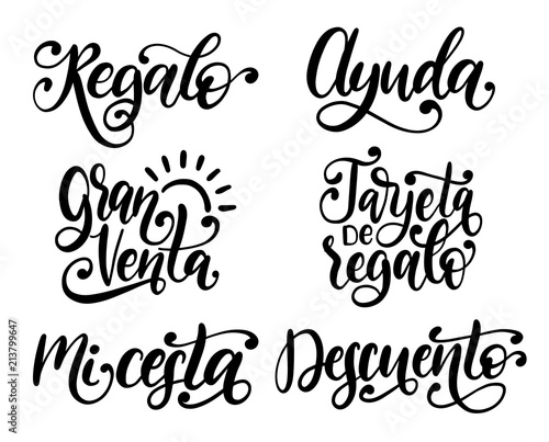 Regalo, Ayuda, Descuenta, Mi Cesta translated from Spanish handwritten phrases Gift, Help, Discount, My Basket etc.