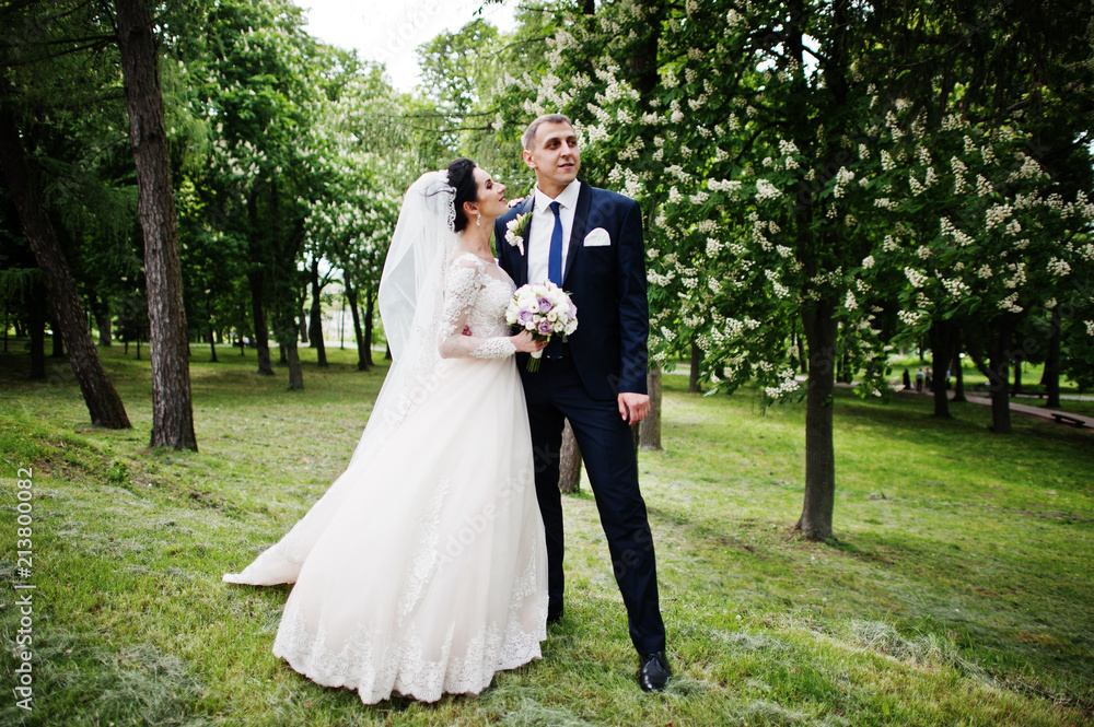 Gorgeous and happy newly married couple standing in green park on their wedding day.