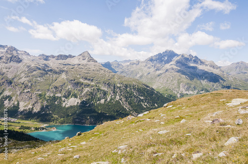 Silvaplana, Sils, Corvatsch, Wanderweg, Silvaplanersee, Seenplatte, Piz Julier, Julierpass, Piz Nair, Corviglia, Oberengadin, Graubünden, Sommer, Schweiz