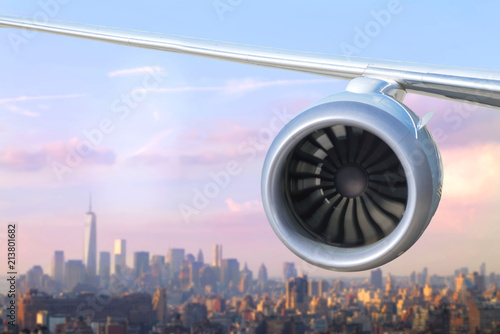 airplane engine above Manhattan  in the New york city.  USA