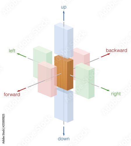 Up, down, left, right, forward and back. Different directions of movement of a wooden body. Isolated vector illustration on white background.