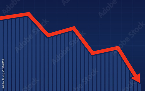Abstract financial bar chart with red downtrend line arrow graph on blue color background 
