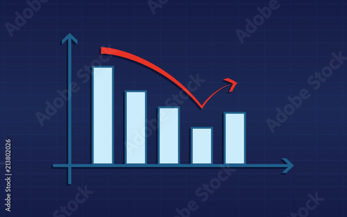 Abstract financial bar chart with rebound red arrow on blue color background