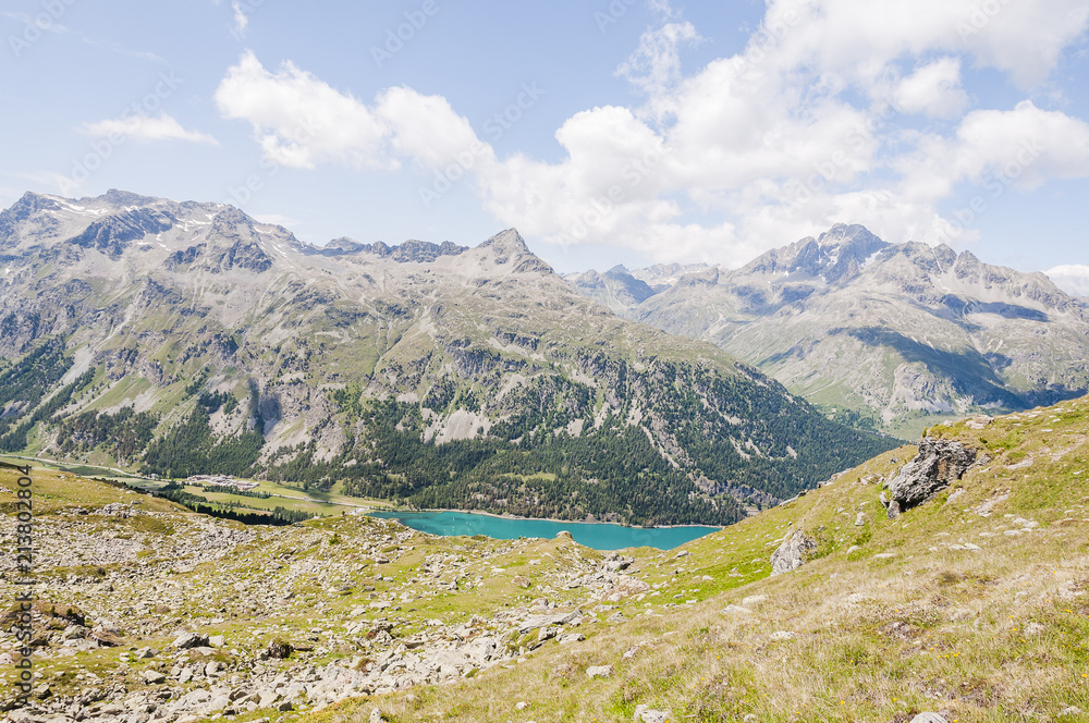 Silvaplana, Sils, Corvatsch, Wanderweg, Silvaplanersee, Seenplatte, Piz Julier, Julierpass, Piz Nair, Corviglia, Oberengadin, Graubünden, Sommer, Schweiz Silvaplana, Sils, Corvatsch, Wanderweg, Silvaplanersee, Seenplatte, Piz Julier, Julierpass, Piz Nair, Corviglia, Oberengadin, Graubünden, Sommer, Schweiz