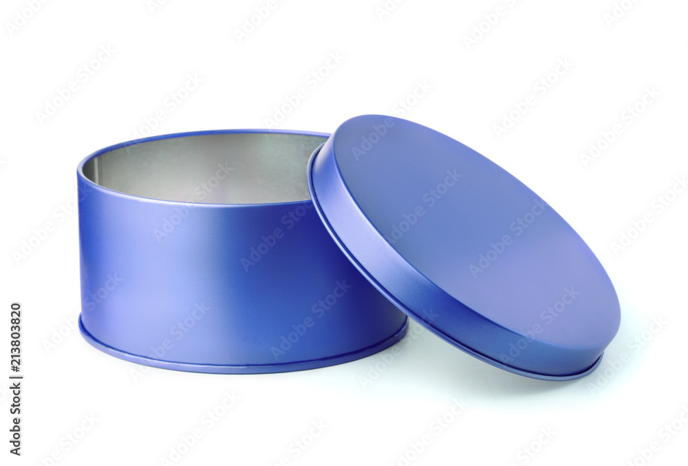 Open blue round metal box Open blue round metal box