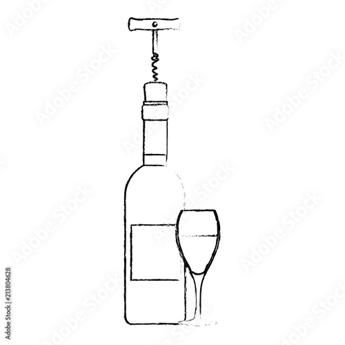 wine bottle silhouette with corkscrew and cup