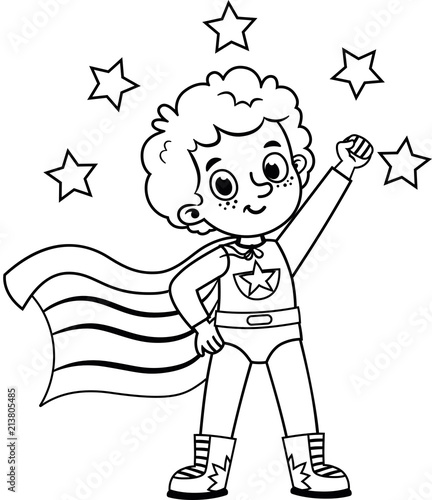 Black and white super hero character  for painting activity. Isolated on white. Vector illustration.
