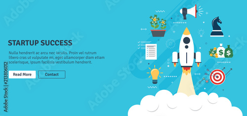 Rocket flying with icons of strategy, marketing, money and investment. Concept of business successful, growth strategy and investment in startup. Flat design web banners in vector illustration.