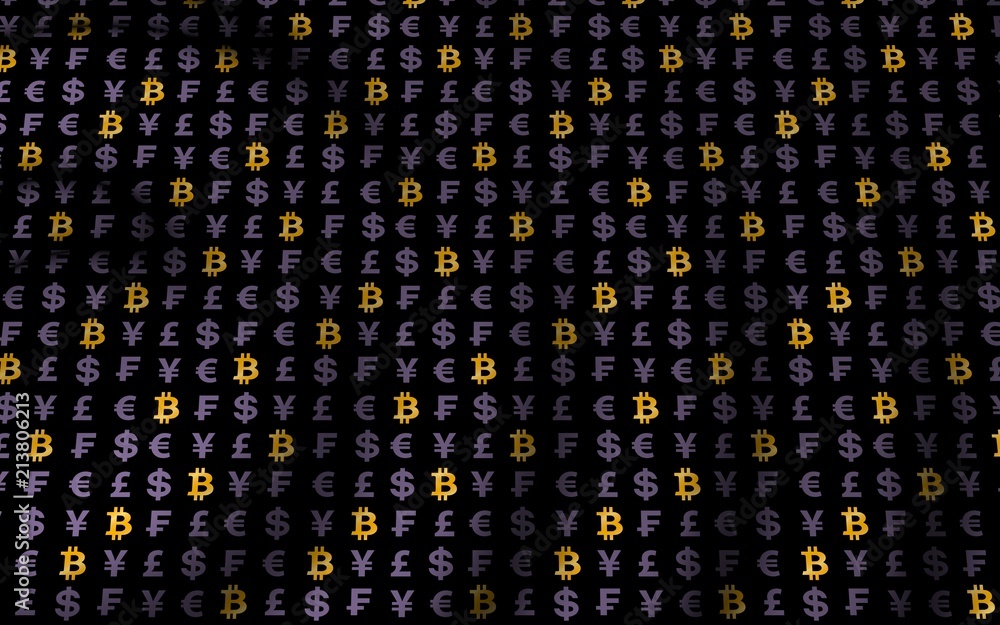 Fototapeta premium Bitcoin and currency on a dark background. Digital Cryptocurrency symbol. Wave effect, currency market fluctuations. Business concept. 3D illustration