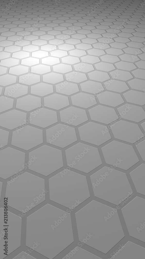 Fototapeta premium Honeycomb on a gray background. Perspective view on polygon look like honeycomb. Extruded, bump cell. Isometric geometry. Vertical image orientation. 3D illustration