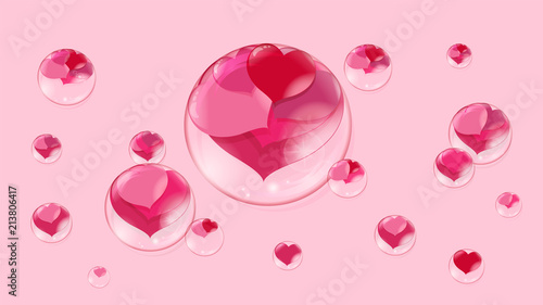 a lot of red hearts inside bubbles on a pink background soap bubble photo