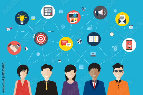 Social network and teamwork concept for web banner and infographic. Icons set of calculator, megaphone, email, target, smartphone, schedule, handshake, lamp and Camera. Flat design vector illustration