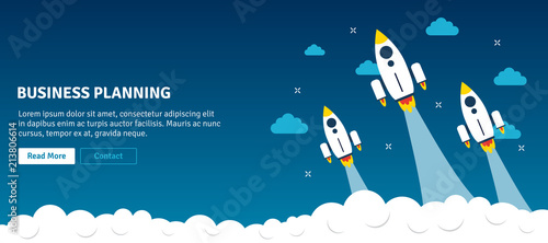 Rocket launch and smoke in background blue internet banner. Concept of business planning, startup project, project and innovation business, growth strategy in flat design vector illustration.