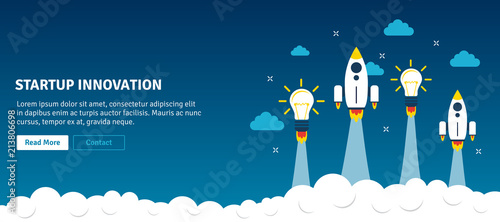Rocket and lamp launch in web banner. Concept of startup innovation, business planning, startup project, project business, growth strategy in flat design vector illustration.