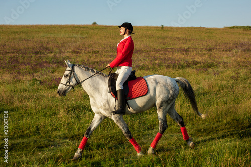 The horsewoman on a red horse. Horse riding. Horse racing. Rider on a horse.