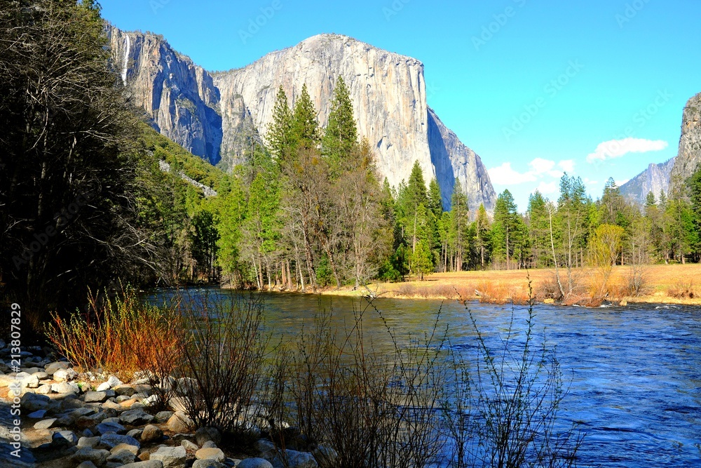 Beautiful Landscape of mountains, forests, and river in Yosemite National Park, California, United States