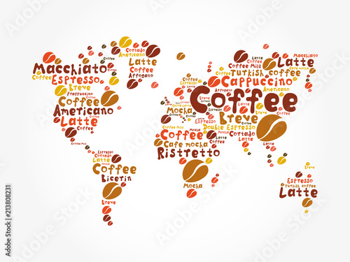 Coffee drinks word cloud in World Map  concept background