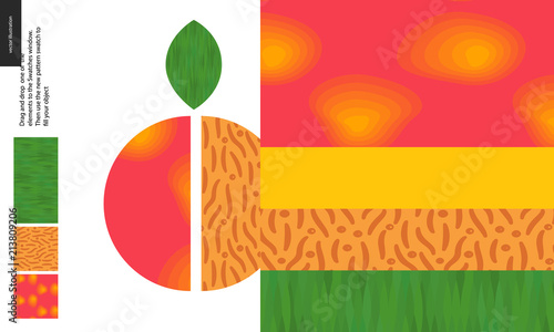 Food patterns, summer - fruit, peach texture, half of peach image on side - four seamless patterns of peach sweet firm pulp, yellow orange smooth rind, nude seed of grainy smooth texture, green leaf