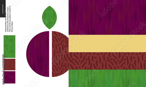 Food patterns, summer - fruit, plum texture, half of plum image on side - four seamless patterns of plum sweet firm pulp, dark purple smooth rind, brown seed of grainy smooth texture, green leaf