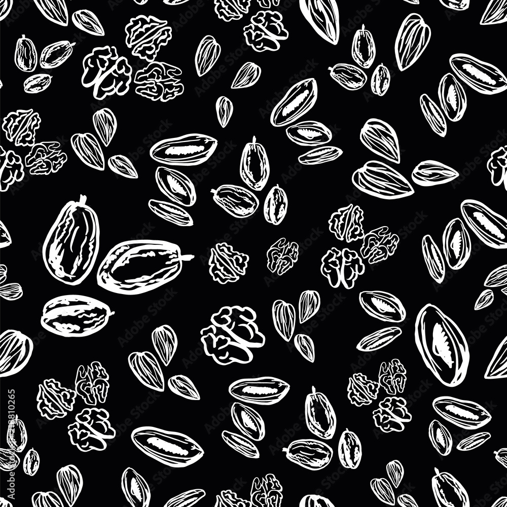 Pattern with dried plums and apricots with almonds and walnuts on black background Pattern with dried plums and apricots with almonds and walnuts on black background