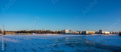 View of Oulu in wintertime during sunset