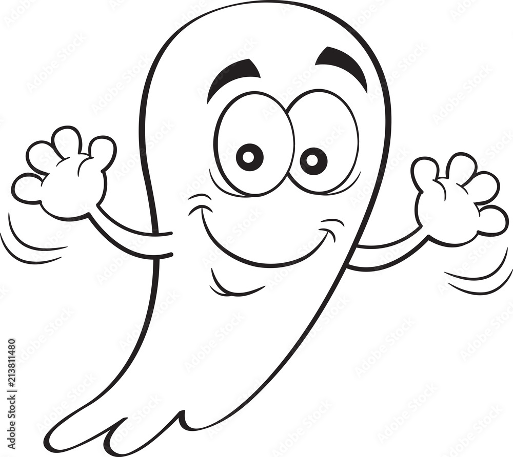 Black and white illustration of a happy ghost waving. Stock Vector ...