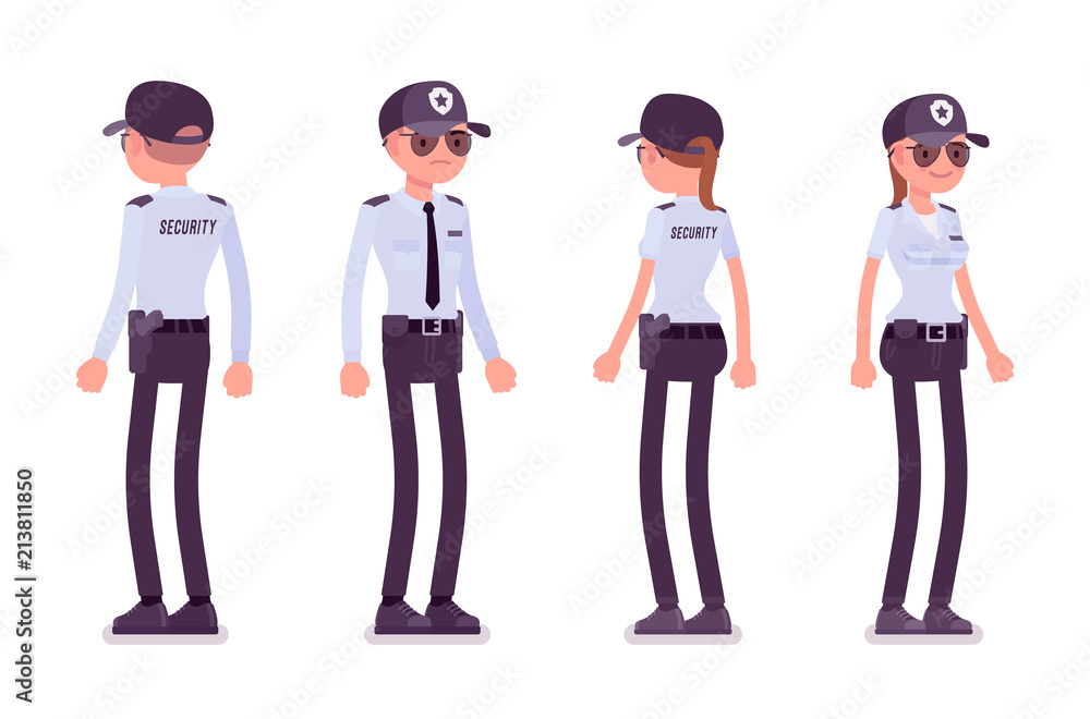 Male and female security guard, front and rear view
