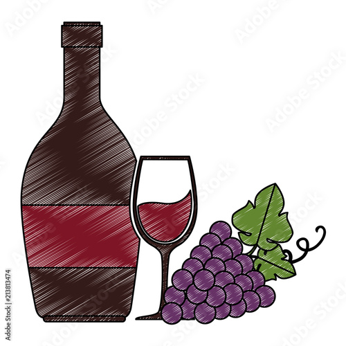 wine bottle with cup and grapes vector illustration design