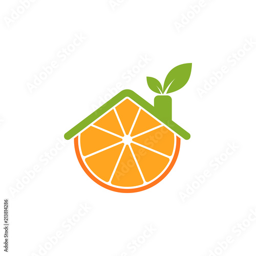Circle orange fruit logo, with house roof and a leaf shaped chimney.
