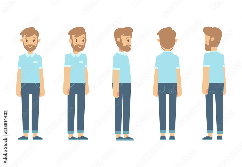 Young man for animation. Front, side, back, 3/4 view character. Separate parts of body. Cartoon style, flat vector illustration.