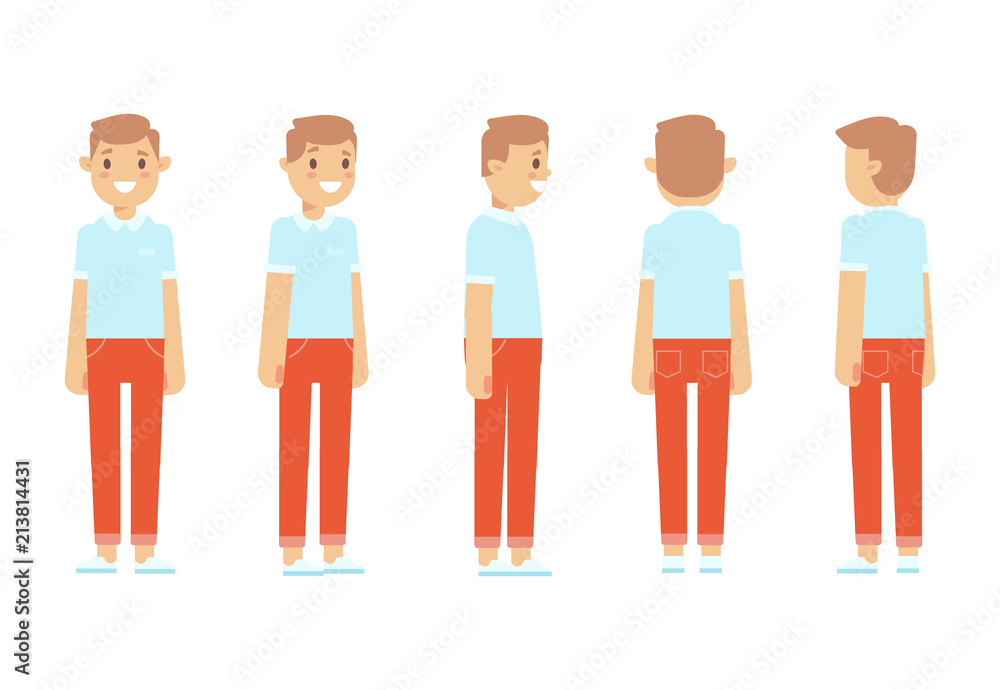 Young man for animation. Front, side, back, 3/4 view character. Separate parts of body. Cartoon style, flat vector illustration.