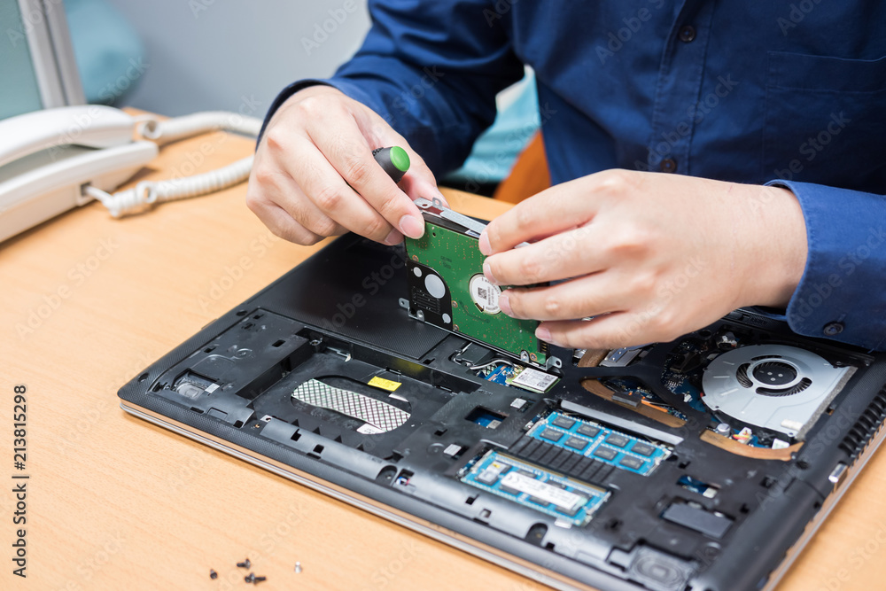 Technician support upgrade part and fixing laptop. select focus, Computer repair concept Technician support upgrade part and fixing laptop. select focus, Computer repair concept