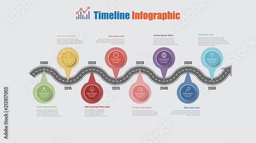 Road map business timeline infographic with 8 step pins designed for abstract background elements diagram planning process web pages digital technology data presentation chart. Vector illustration