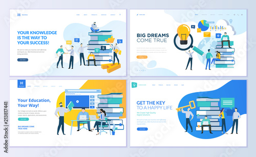 Set of web page design templates for education, know how, university, business solutions. Modern vector illustration concepts for website and mobile website development. 