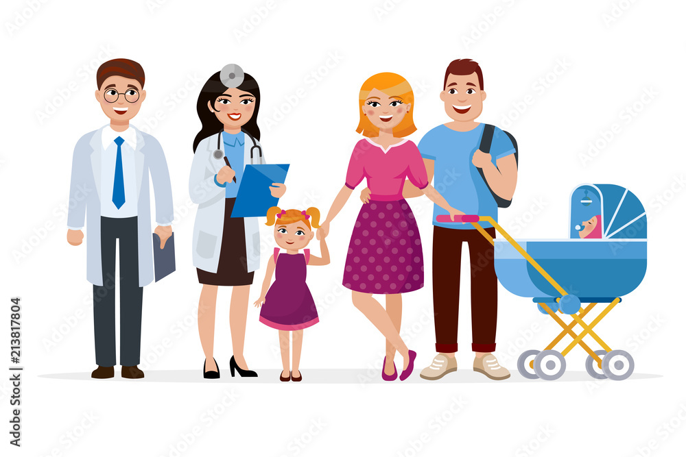 Family doctor and healthy family cartoon characters concept illustration in flat design. Two doctors and young family having checkup smiling isolated on white background.