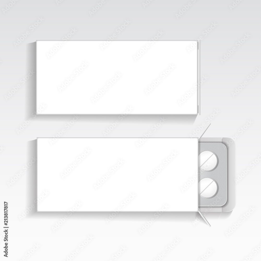 White package with tablets medicines mock up vector template. Painkillers, antibiotics, vitamins, aspirin tablets White package with tablets medicines mock up vector template. Painkillers, antibiotics, vitamins, aspirin tablets