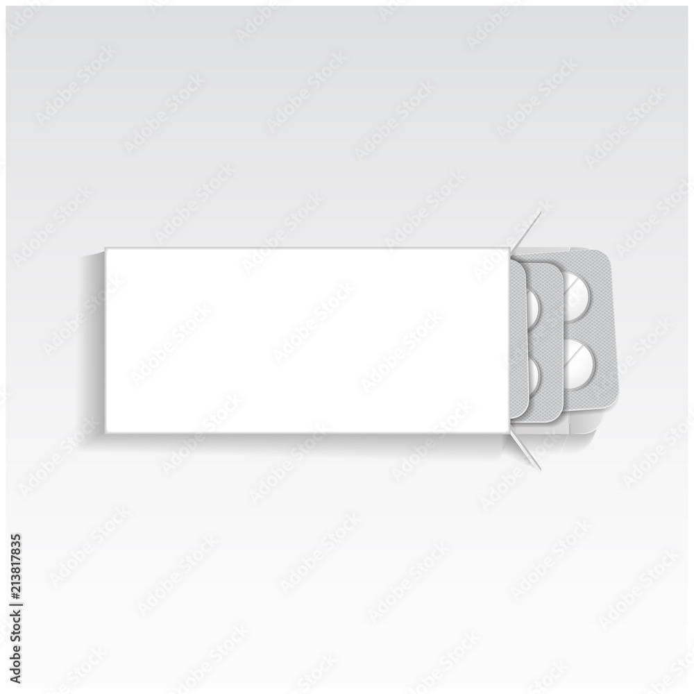 White package with tablets, pack medicines mock up vector template. Painkillers, antibiotics, vitamins, aspirin tablets White package with tablets, pack medicines mock up vector template. Painkillers, antibiotics, vitamins, aspirin tablets