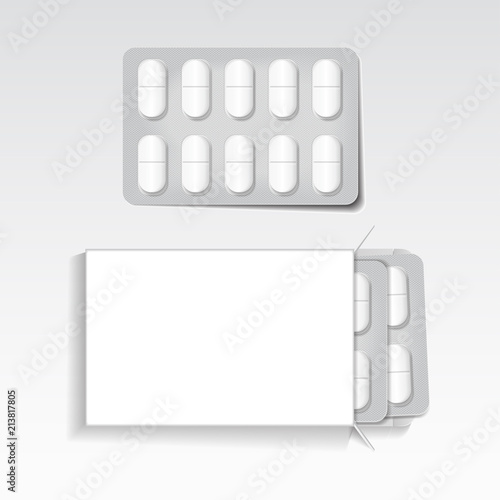 White package with oval tablets, blisters pack medicines mock up vector template. Painkillers, antibiotics, vitamins, aspirin tablets