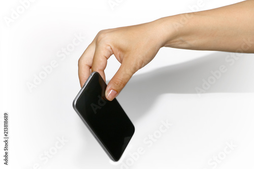 gesture, smartphone in hand on a white background
