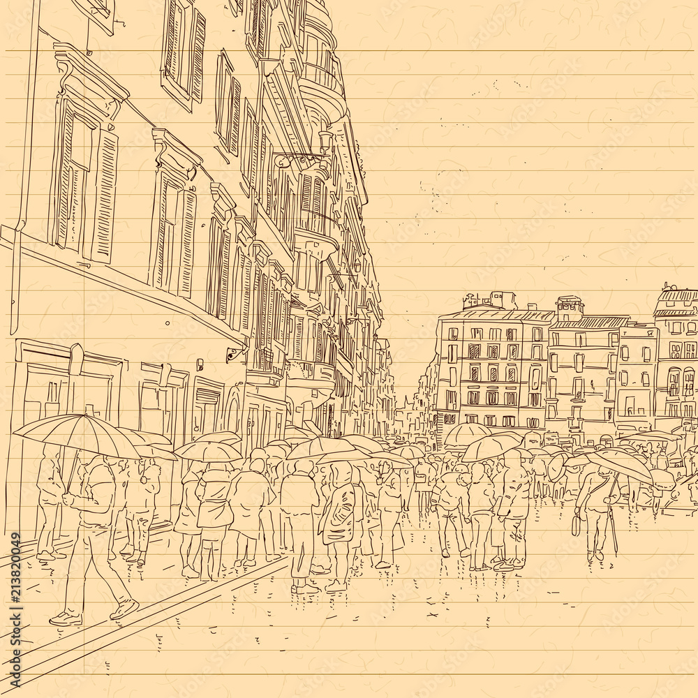 european city street and peoples in hand drawn line sketch style