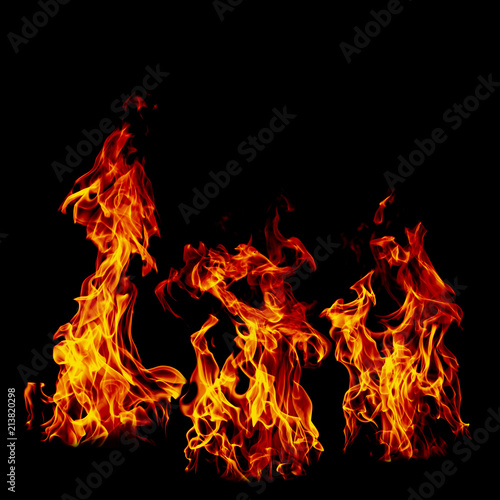 Fire flame set isolated on black isolated background - Beautiful yellow  orange and red and red blaze fire flame texture style.