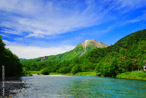 Azusa river and Mt. Yakedake, Kamikochi, Nagano, Japan photo