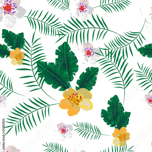 vector seamless beautiful artistic tropical pattern with exotic forest. Colorful original stylish floral print background, bright colors on white background. flowers