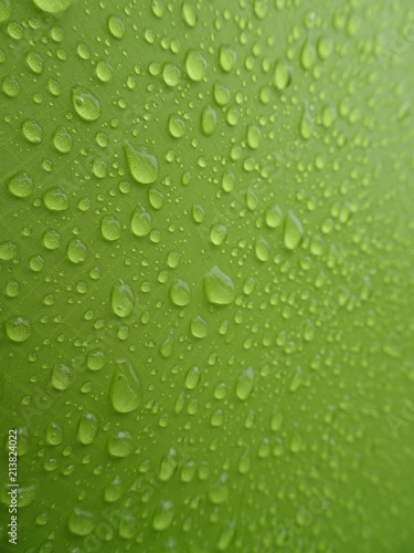 Texture: a drop of water on a green fabric. Water-repellent effect. Waterproof textile