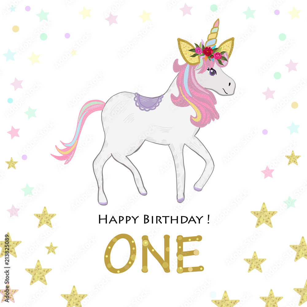 First birthday greeting. One. Magical Unicorn Birthday invitation. Party invitation greeting card