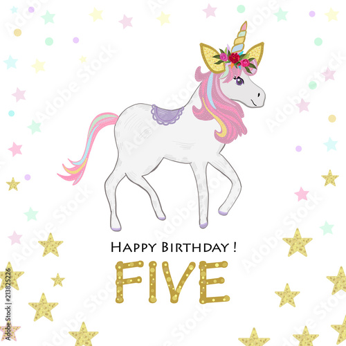 Five birthday greeting. Fifth. Magical Unicorn Birthday invitation. Party invitation greeting card.