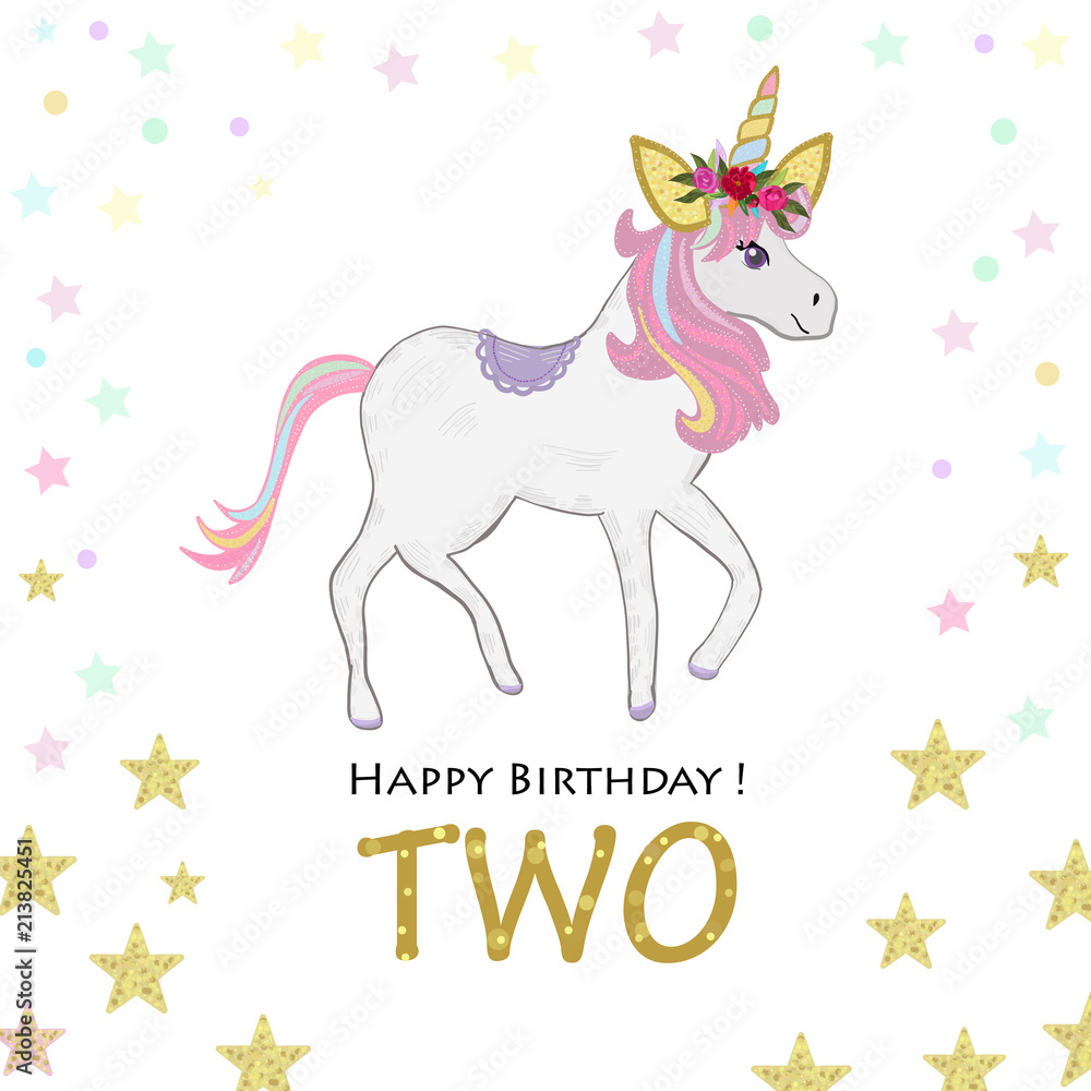 Second birthday greeting. Two. Magical Unicorn Birthday invitation. Party invitation greeting card Second birthday greeting. Two. Magical Unicorn Birthday invitation. Party invitation greeting card