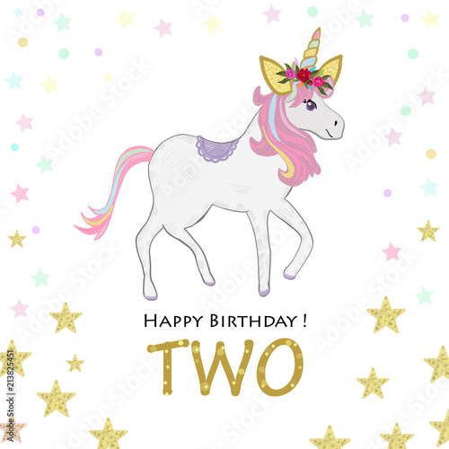 Second birthday greeting. Two. Magical Unicorn Birthday invitation. Party invitation greeting card