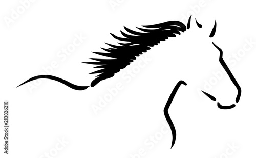 Stilisierte Zeichnung: Pferd mit wehender Mähne / schwarz-weiß, Vektor