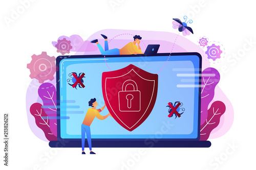 A man before laptop with shield and lock on the screen. Anti virus software, anti-malware, spyware, trojan, adware as internet security concept. Violet palette. Vector illustration on background